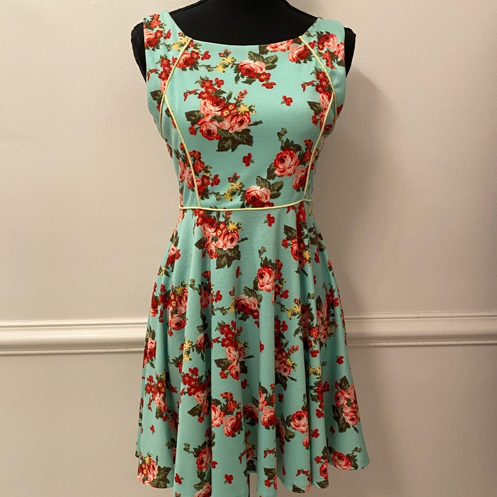 ModCloth yellow star floral teal dress retro